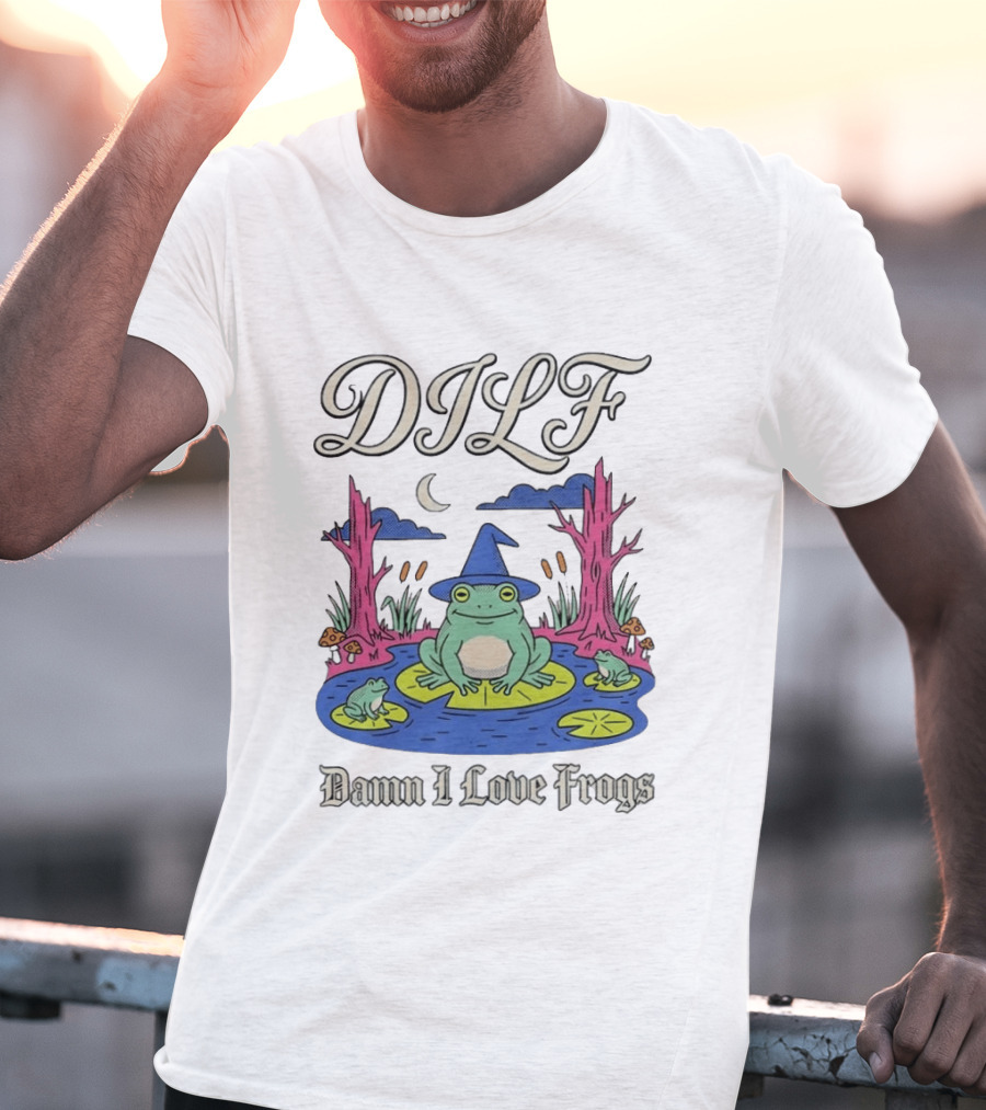 DILF Damn I Love Frogs Cartoon Frog In Pond With Wizard Hat T-Shirt