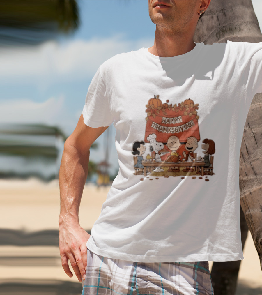 Peanuts Charlie Brown Snoopy Woodstock Lucy Linus Happy Thanksgiving Holiday Celebration T-Shirt
