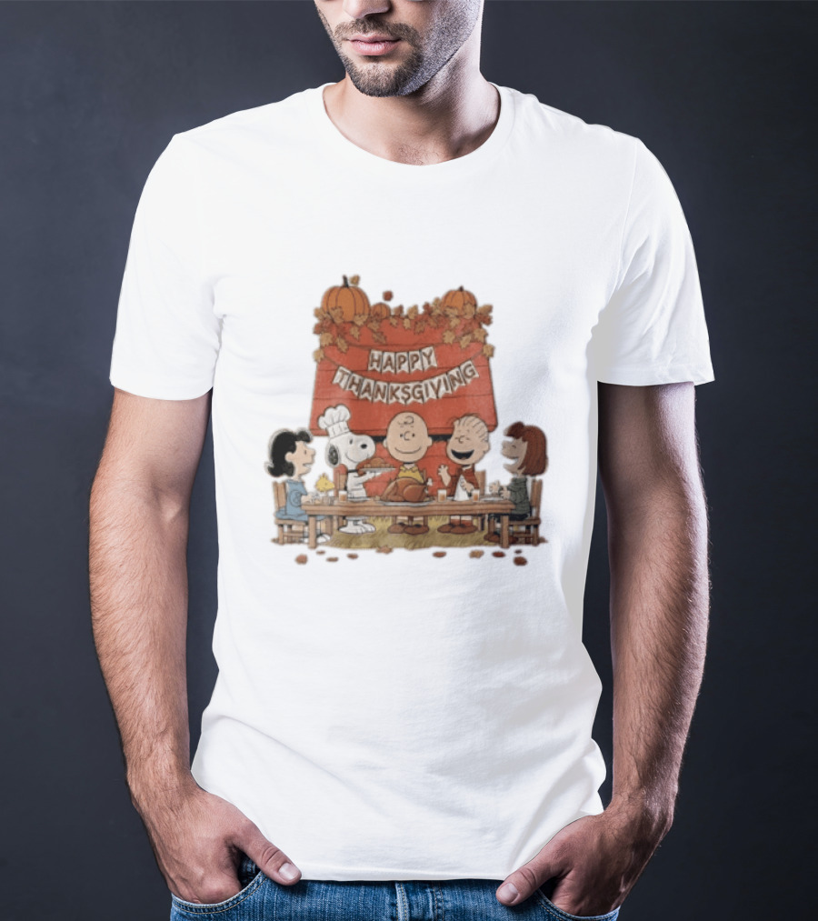 Peanuts Charlie Brown Snoopy Woodstock Lucy Linus Happy Thanksgiving Holiday Celebration T-Shirt