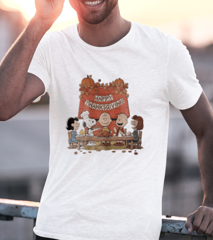 Peanuts Charlie Brown Snoopy Woodstock Lucy Linus Happy Thanksgiving Holiday Celebration T-Shirt