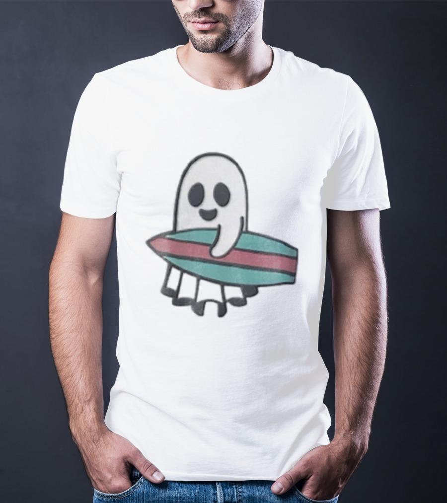 Ghost Holding Surfboard Cartoon Fun Cute Spooky Beach Vibes T-Shirt