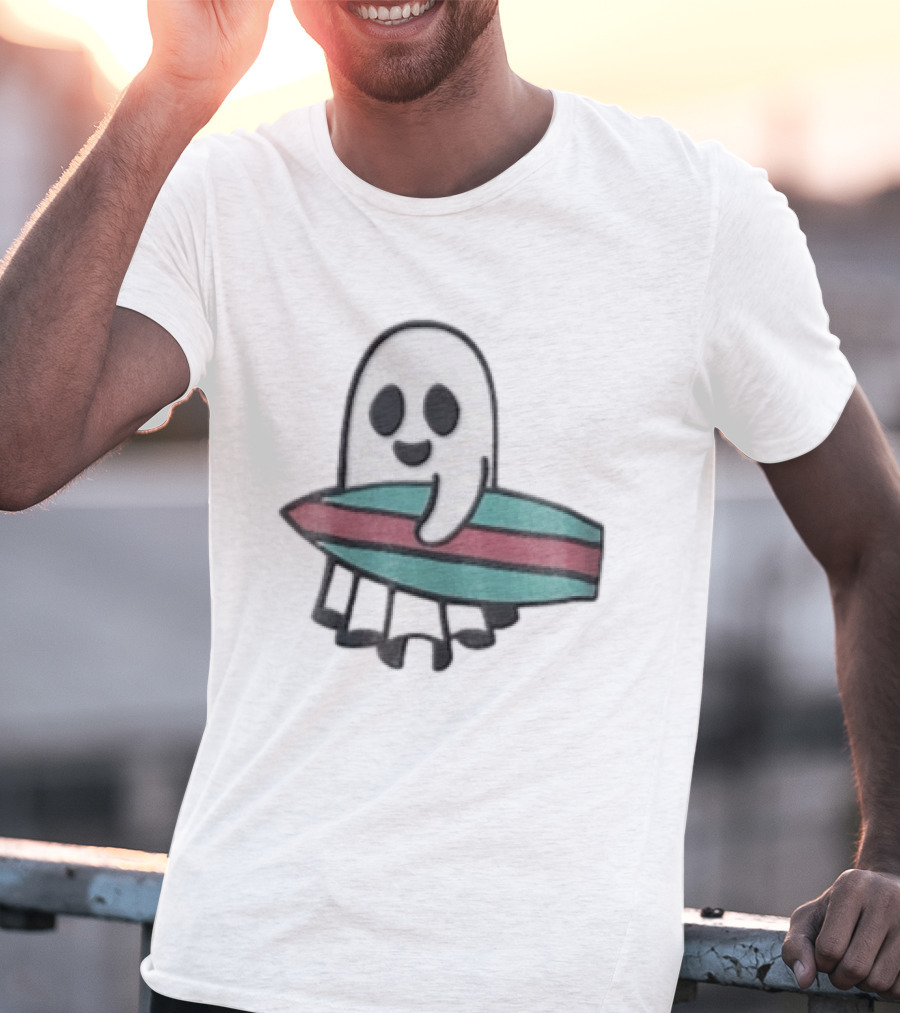 Ghost Holding Surfboard Cartoon Fun Cute Spooky Beach Vibes T-Shirt