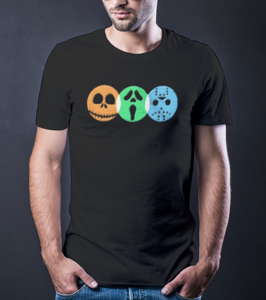 Halloween Horror Characters Colorful Circles Skulls And Masks T-Shirt