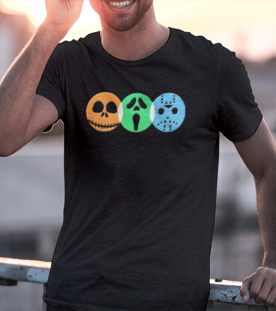 Halloween Horror Characters Colorful Circles Skulls And Masks T-Shirt