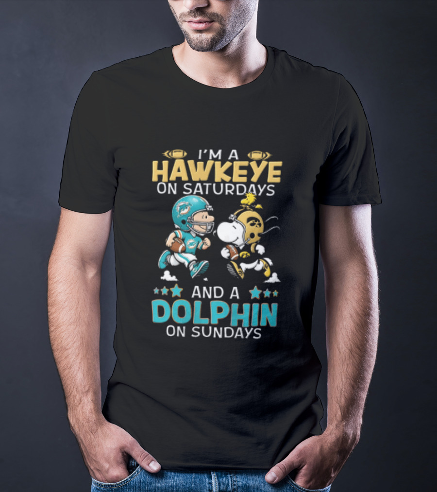 Hawkeye On Saturdays Dolphin On Sundays Charlie Brown Snoopy Woodstock Football T-Shirt