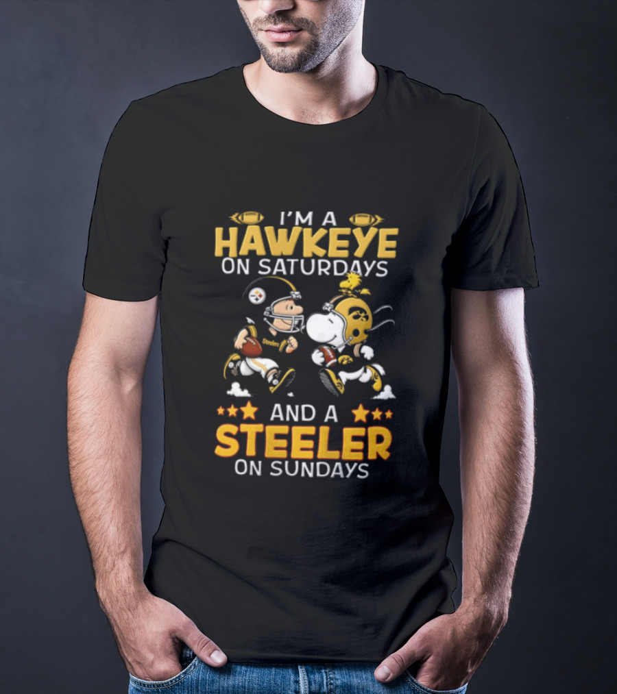 I'm A Hawkeye On Saturdays And A Steeler On Sundays Charlie Brown Snoopy Woodstock Football T-Shirt