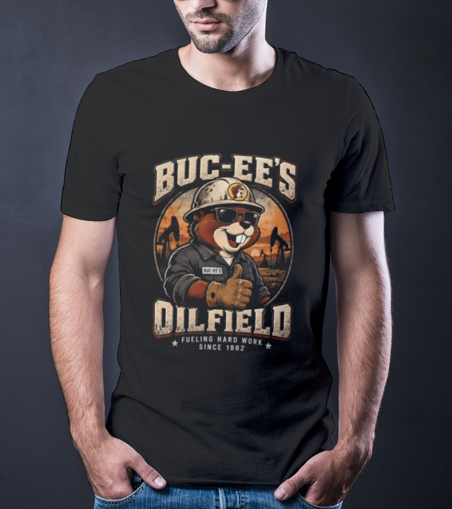 Buc Ee's Oilfield Beaver Hard Hat Sunglasses Thumbs Up Fueling Hard Work Since 1982 T-Shirt