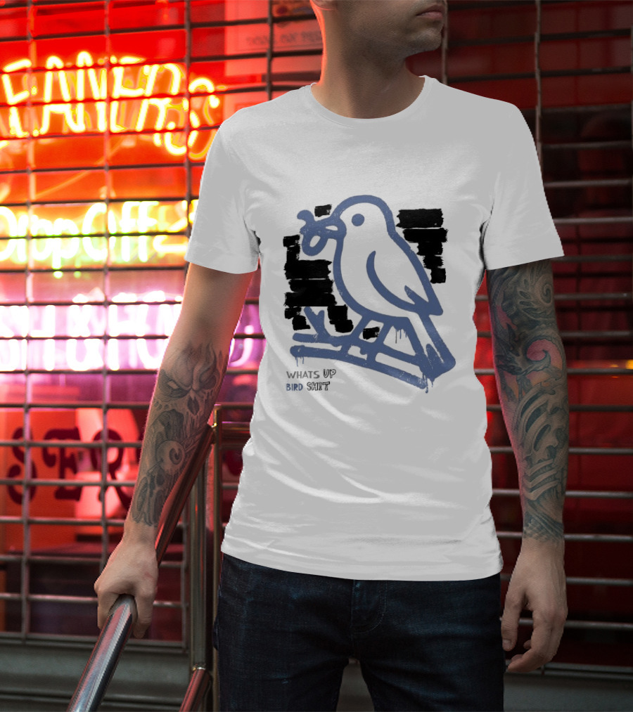 Drewtube What Up Bird Shit Funny Sparrow Holding Curling Shovel T-Shirt