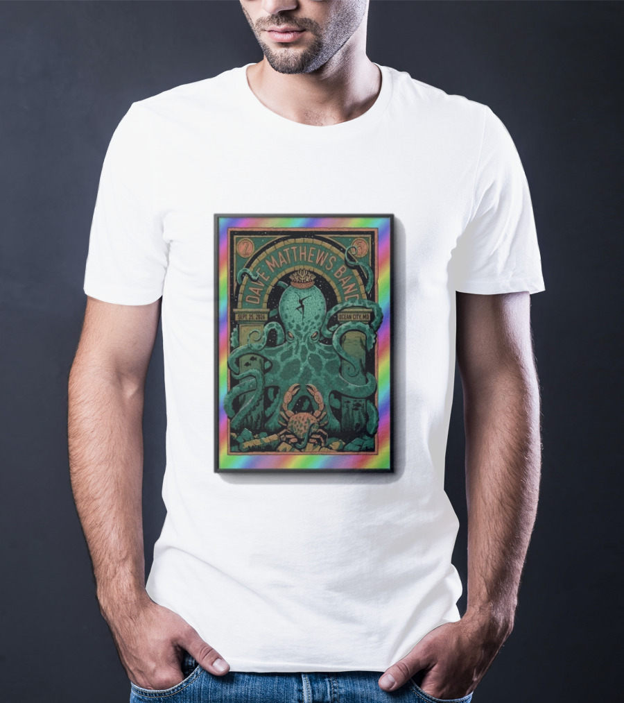 Dave Matthews Band Sept 25 2026 Ocean City MD Octopus And Crab Rainbow Border T-Shirt