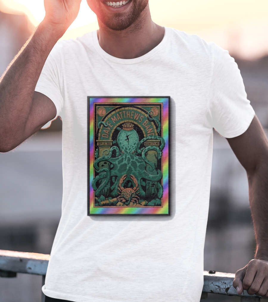 Dave Matthews Band Sept 25 2026 Ocean City MD Octopus And Crab Rainbow Border T-Shirt