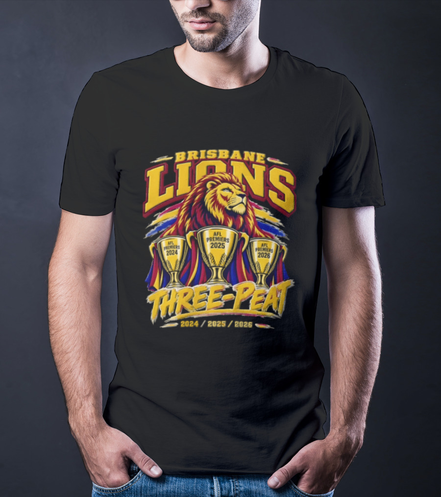 Brisbane Lions Three Peat 2024 2025 2026 Premiership Lion Trophy Celebration T-Shirt