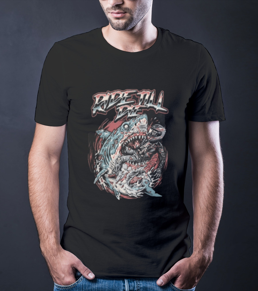 Ride Till Die Skeleton Biker Eaten By Shark T-Shirt