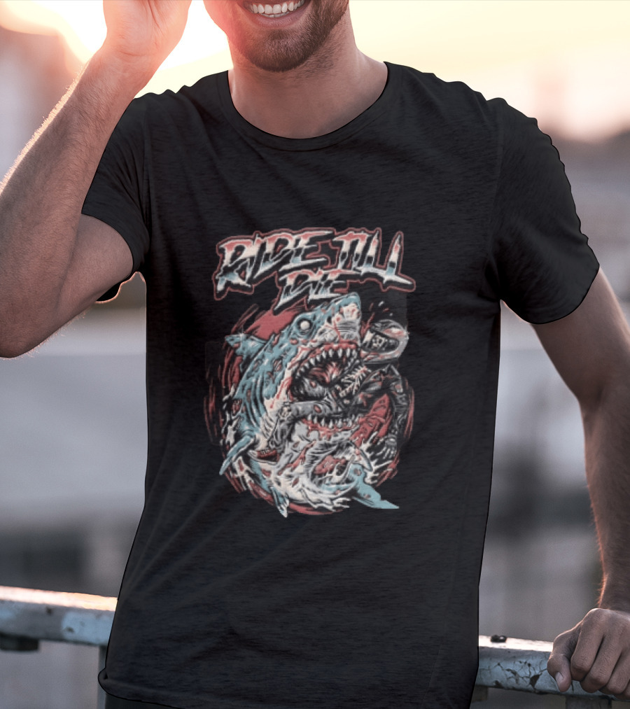 Ride Till Die Skeleton Biker Eaten By Shark T-Shirt