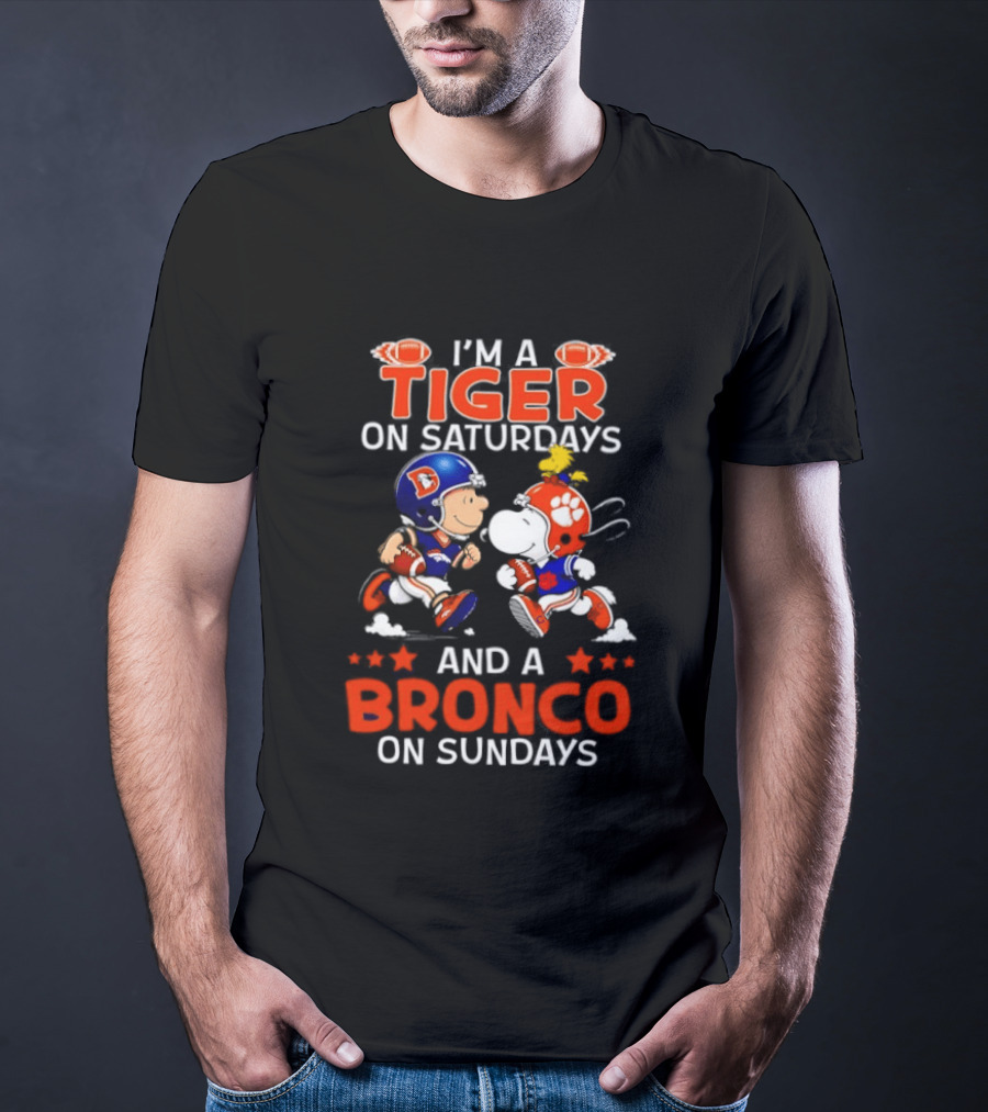 Snoopy And Charlie Brown I'm A Tiger On Saturdays And A Bronco On Sundays Football Fun T-Shirt