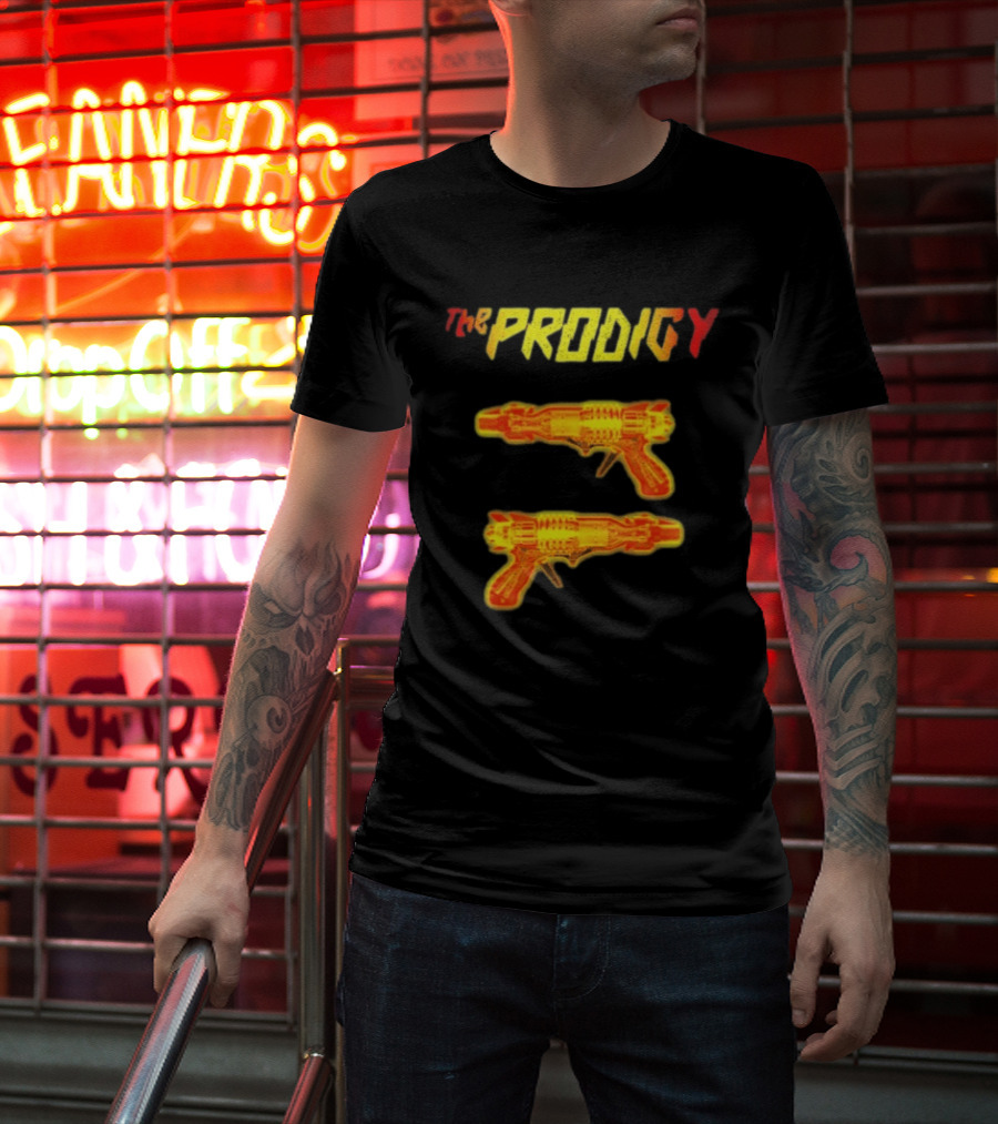 The Prodigy Rayguns Yellow And Red Bold Lettering With Dual Ray Guns T-Shirt