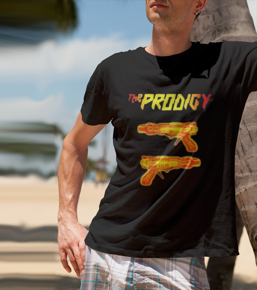 The Prodigy Rayguns Yellow And Red Bold Lettering With Dual Ray Guns T-Shirt