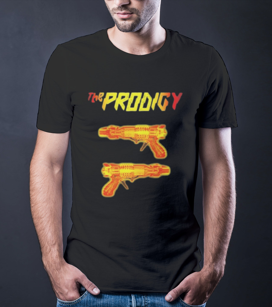 The Prodigy Rayguns Yellow And Red Bold Lettering With Dual Ray Guns T-Shirt