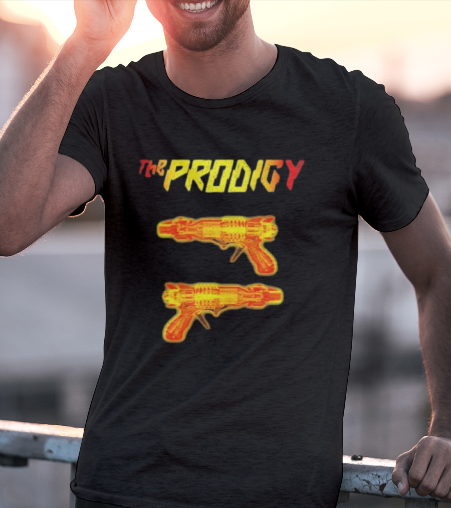 The Prodigy Rayguns Yellow And Red Bold Lettering With Dual Ray Guns T-Shirt