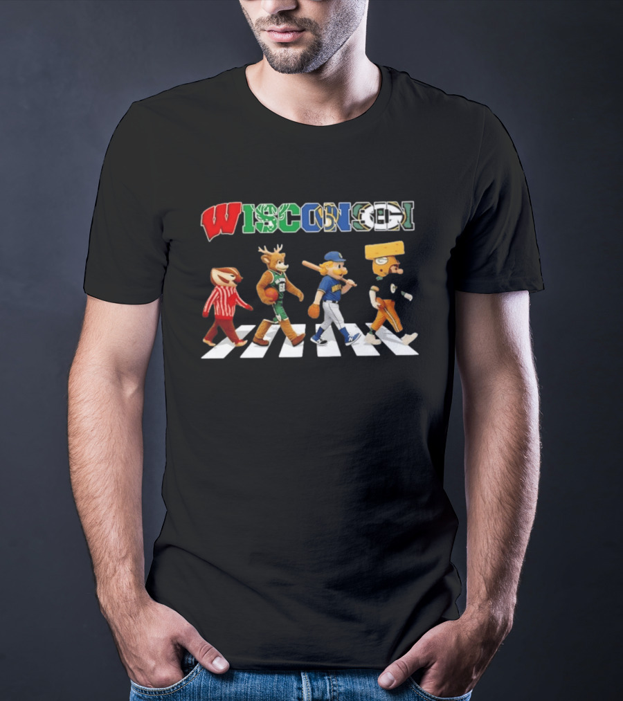 Wisconsin Sports Team Mascots Crossing Abbey Road Collage T-Shirt