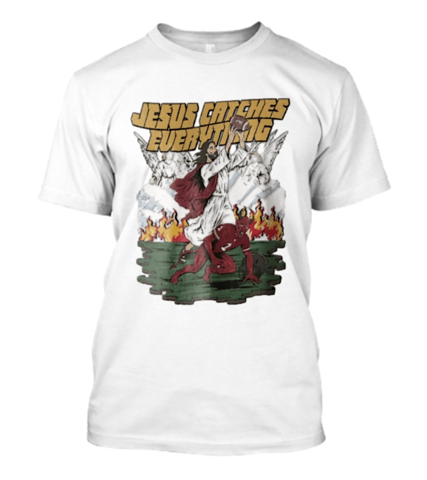 Jesus Catches Everything Angel Vs Devil Football Battle T-Shirt