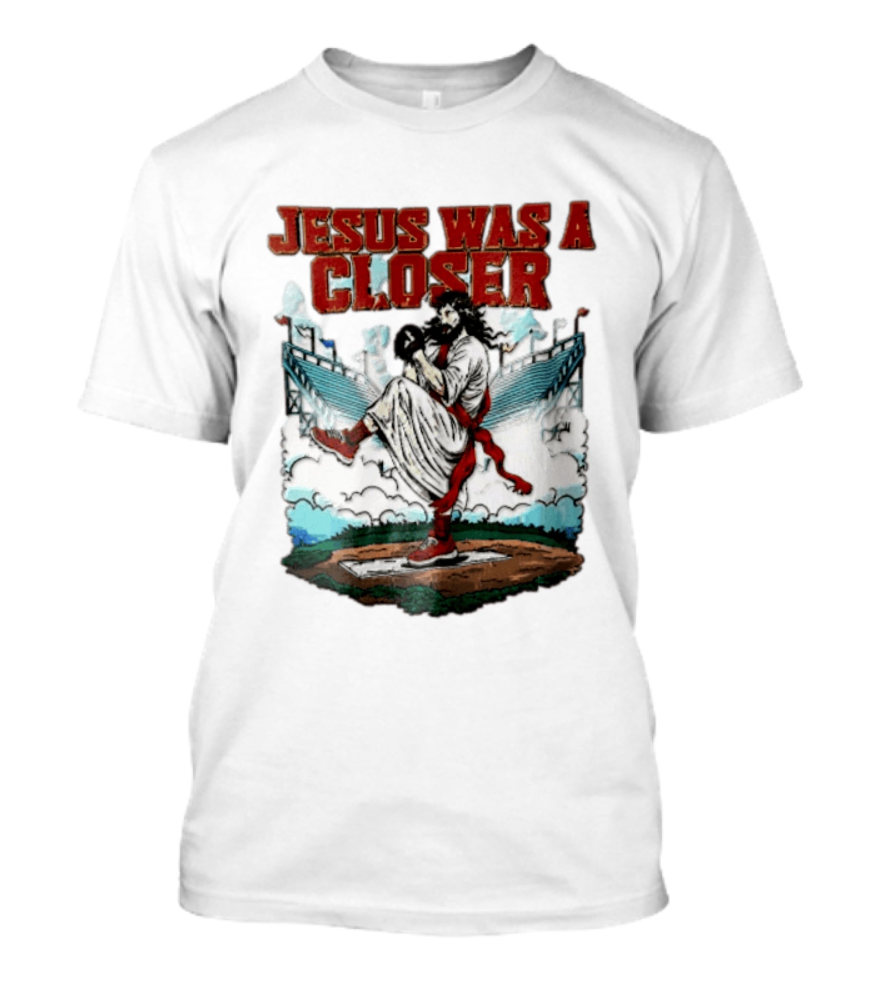 Jesus Was A Closer Baseball Pitcher Heavenly Stadium Scene T-Shirt