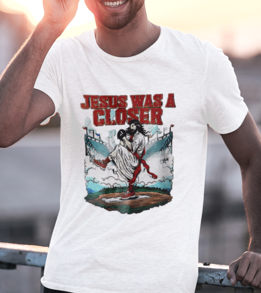Jesus Was A Closer Baseball Pitcher Heavenly Stadium Scene T-Shirt