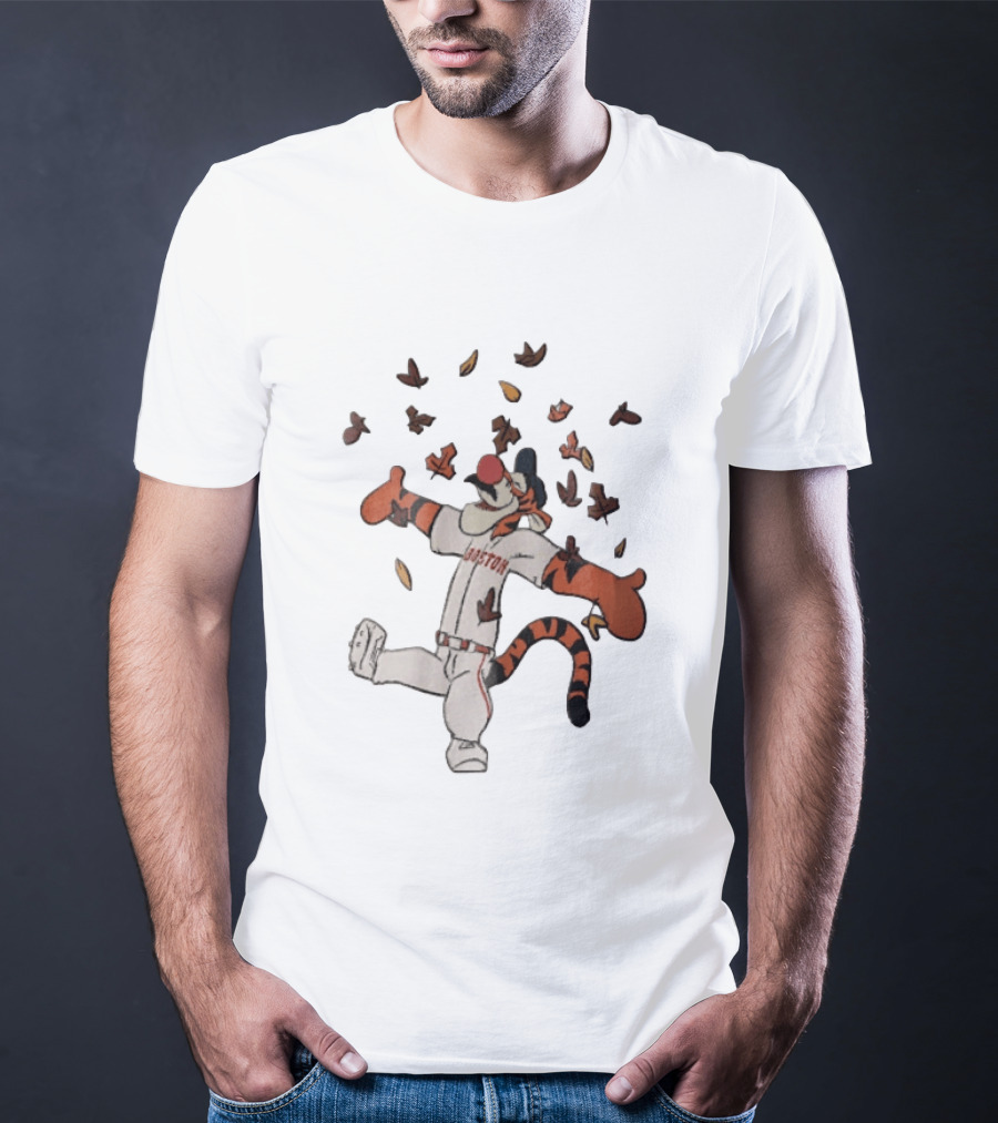 Tigger In Boston Baseball Uniform Enjoying Falling Leaves T-Shirt