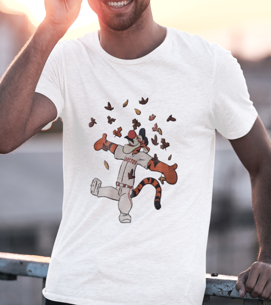 Tigger In Boston Baseball Uniform Enjoying Falling Leaves T-Shirt