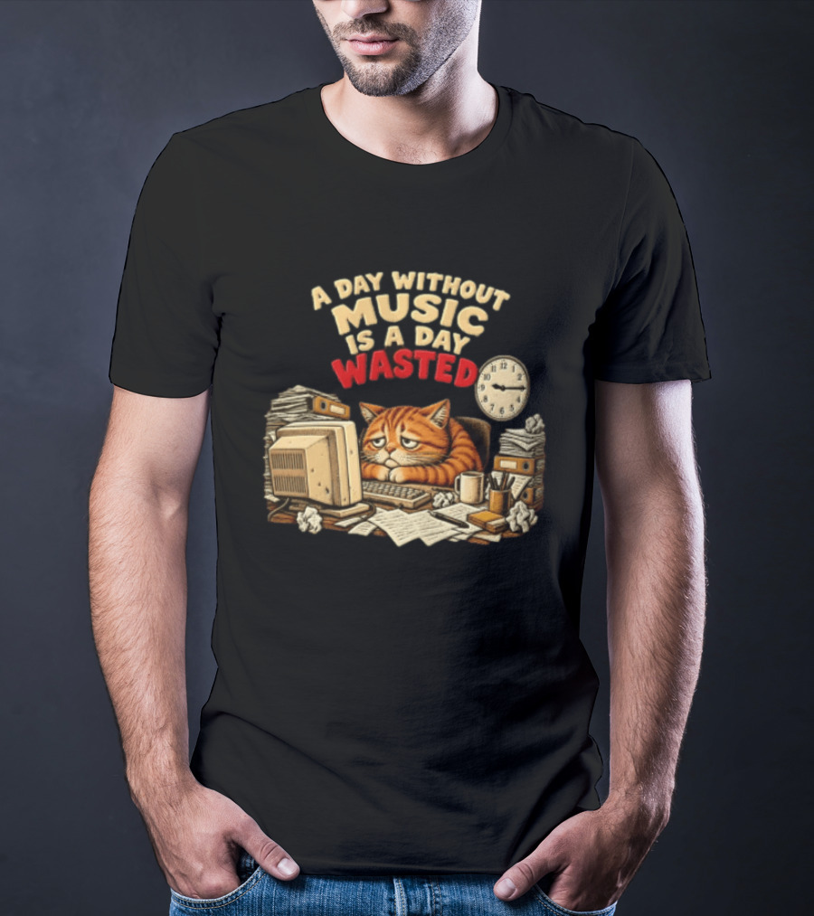 A Day Without Music Is A Day Wasted Sad Orange Cat Office Desk Motivation T-Shirt