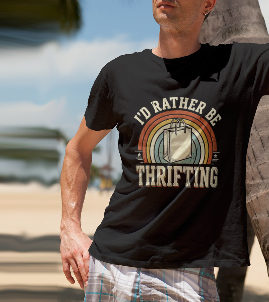 I'd Rather Be Thrifting Shopping Bag Retro Rainbow Stars T-Shirt