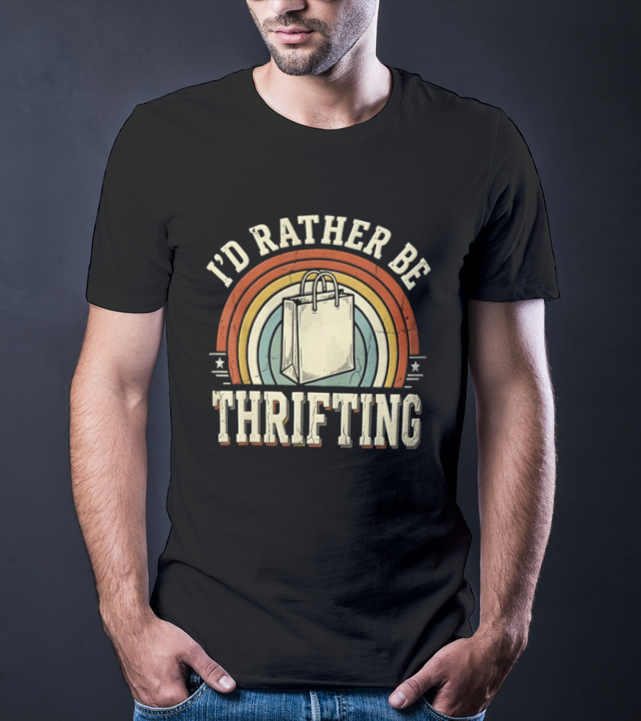 I'd Rather Be Thrifting Shopping Bag Retro Rainbow Stars T-Shirt