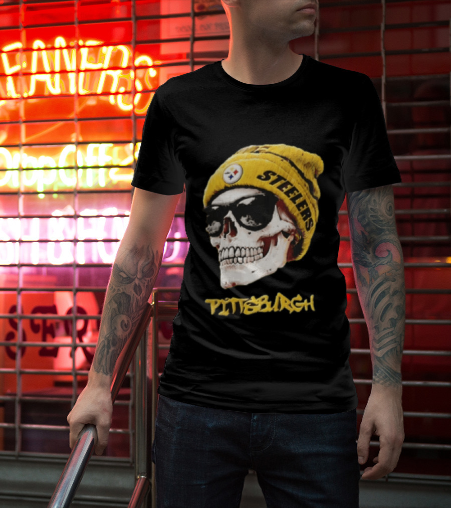 Pittsburgh Steelers Skull Yellow Beanie Sunglasses T-Shirt