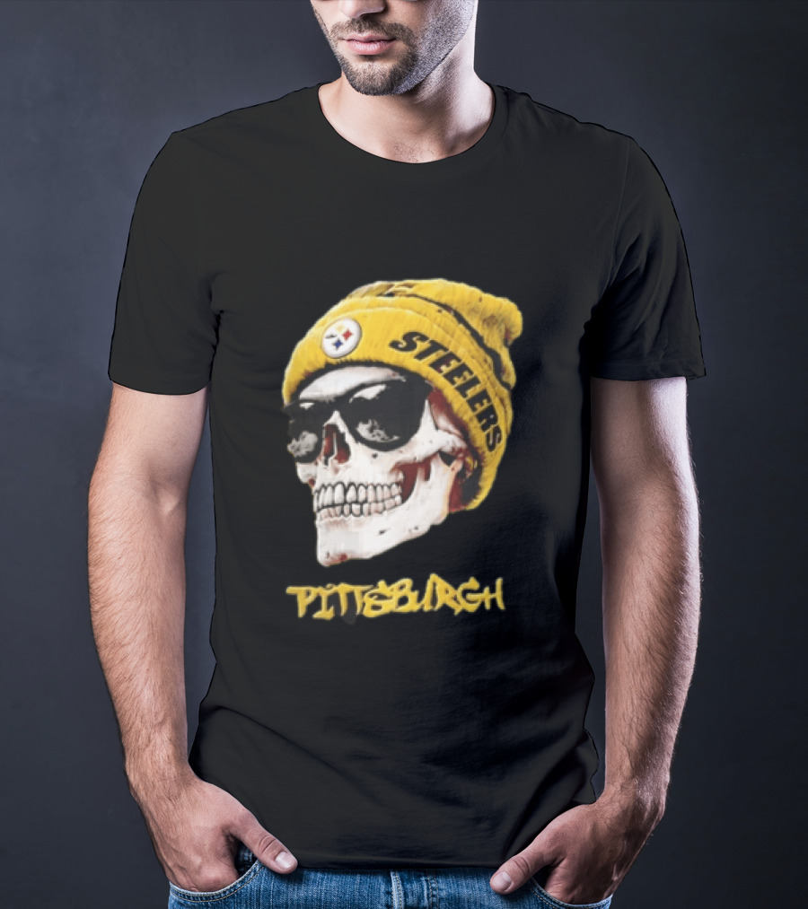 Pittsburgh Steelers Skull Yellow Beanie Sunglasses T-Shirt