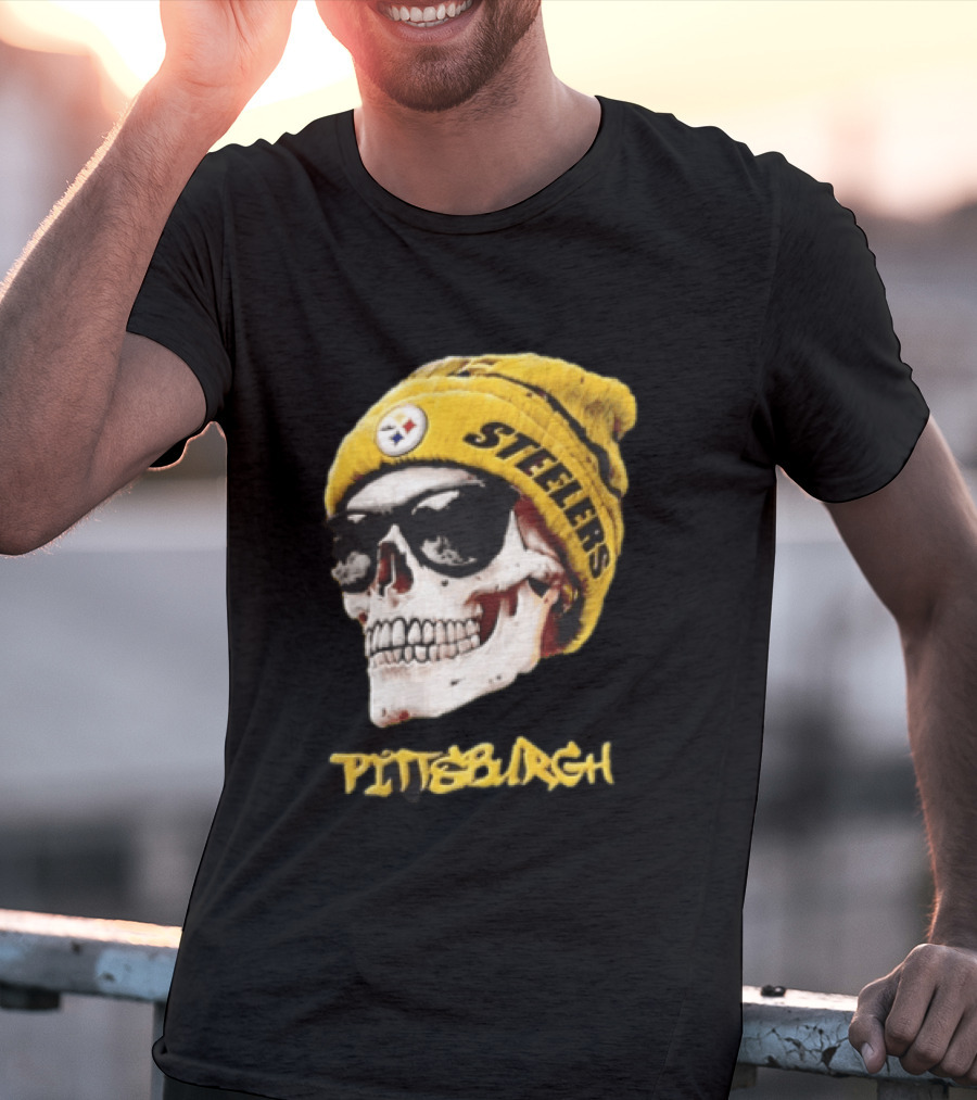 Pittsburgh Steelers Skull Yellow Beanie Sunglasses T-Shirt