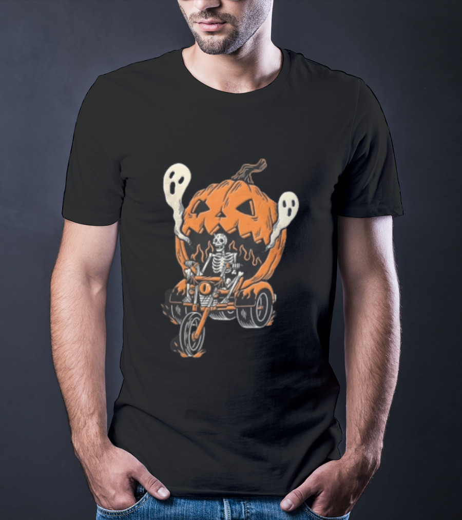 Skeleton Riding Tricycle Inside Giant Pumpkin With Ghosts Halloween T-Shirt