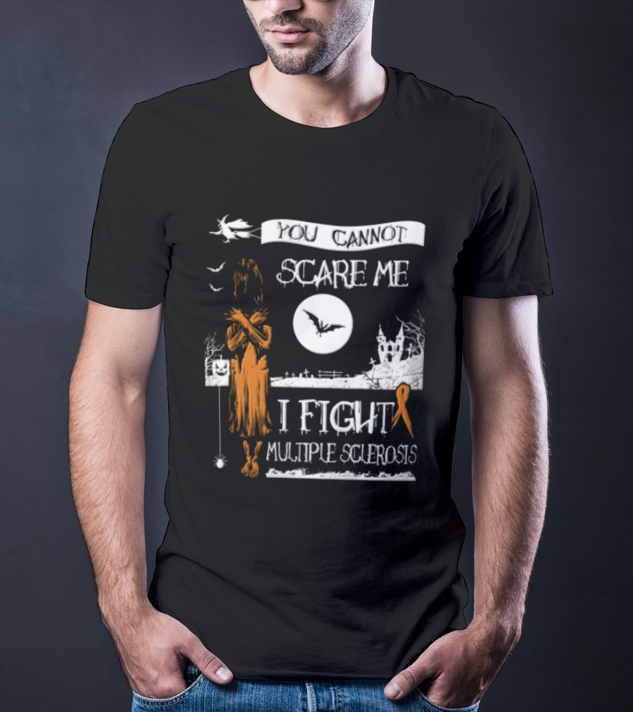You Cannot Scare Me I Fight Multiple Sclerosis Halloween Witch Bats Moon Cemetery Ribbon T-Shirt