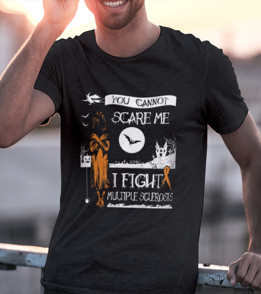 You Cannot Scare Me I Fight Multiple Sclerosis Halloween Witch Bats Moon Cemetery Ribbon T-Shirt