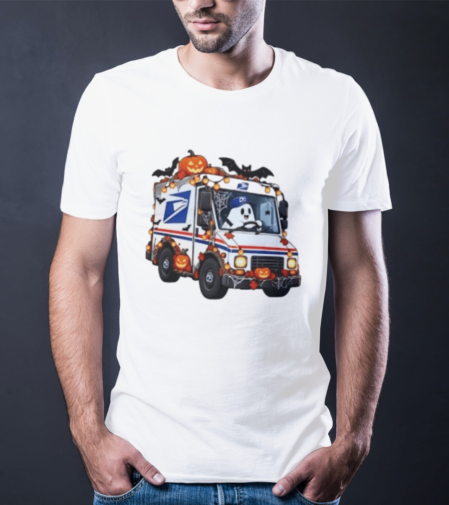 Halloween Ghost Driving USPS Mail Truck With Pumpkins And Bats T-Shirt