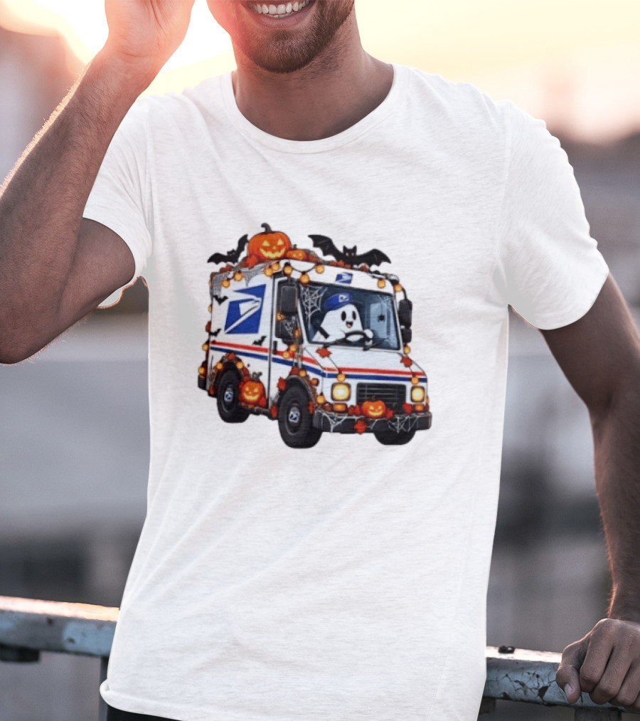 Halloween Ghost Driving USPS Mail Truck With Pumpkins And Bats T-Shirt