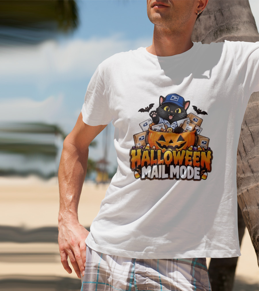Halloween Mail Mode USPS Black Cat Pumpkin Postal Carrier T-Shirt