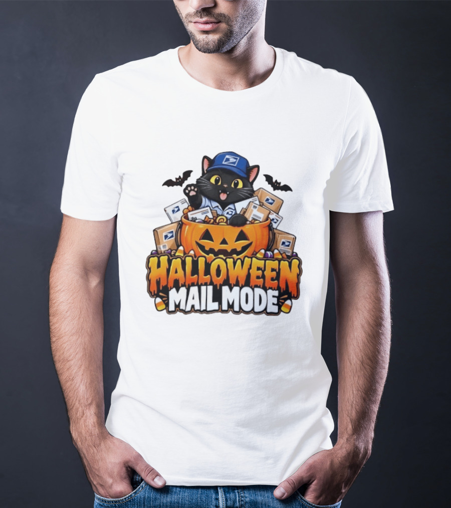 Halloween Mail Mode USPS Black Cat Pumpkin Postal Carrier T-Shirt