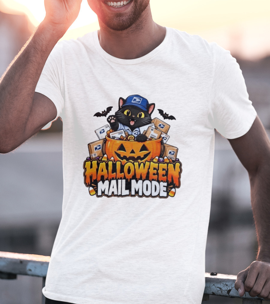 Halloween Mail Mode USPS Black Cat Pumpkin Postal Carrier T-Shirt