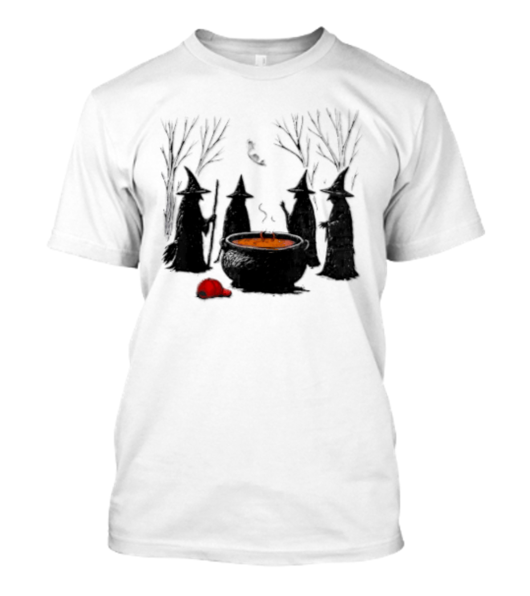 Witches Gathering Around Cauldron And Red Hat Halloween Scene T-Shirt