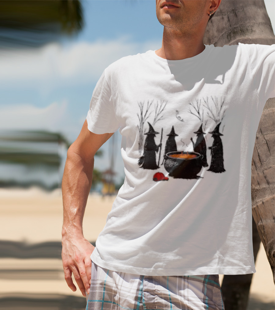 Witches Gathering Around Cauldron And Red Hat Halloween Scene T-Shirt