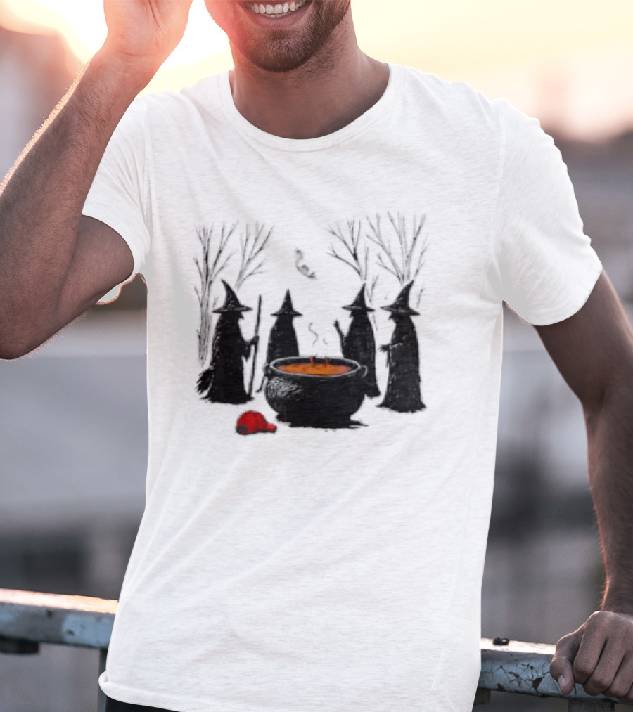 Witches Gathering Around Cauldron And Red Hat Halloween Scene T-Shirt