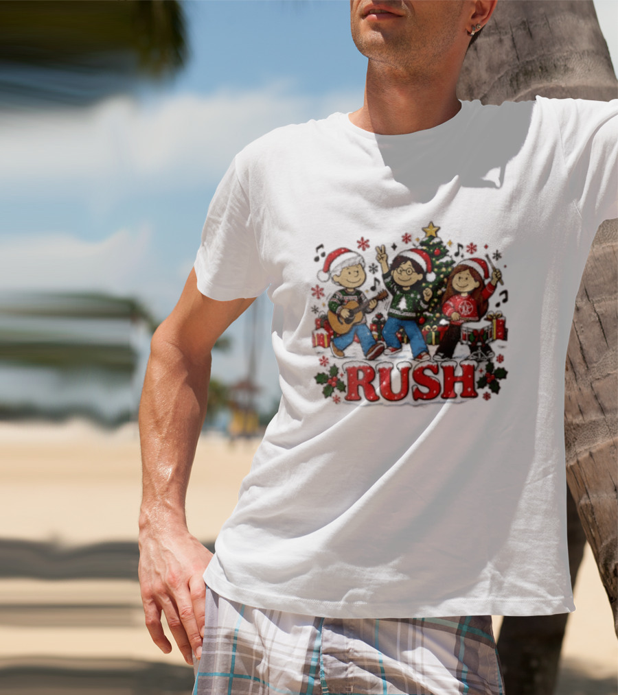 Rush Christmas Cartoon Characters Playing Instruments Festive Holiday Scene T-Shirt