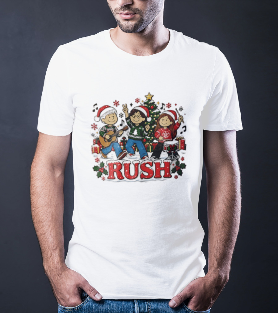 Rush Christmas Cartoon Characters Playing Instruments Festive Holiday Scene T-Shirt