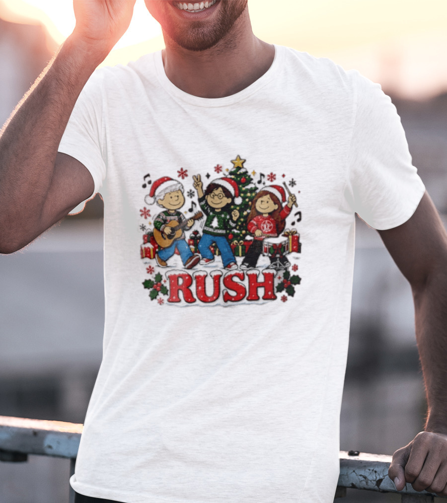 Rush Christmas Cartoon Characters Playing Instruments Festive Holiday Scene T-Shirt