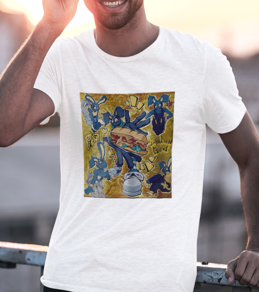 Shadow Bun Blue Rabbit Characters With Sandwich And Stevobeni T-Shirt