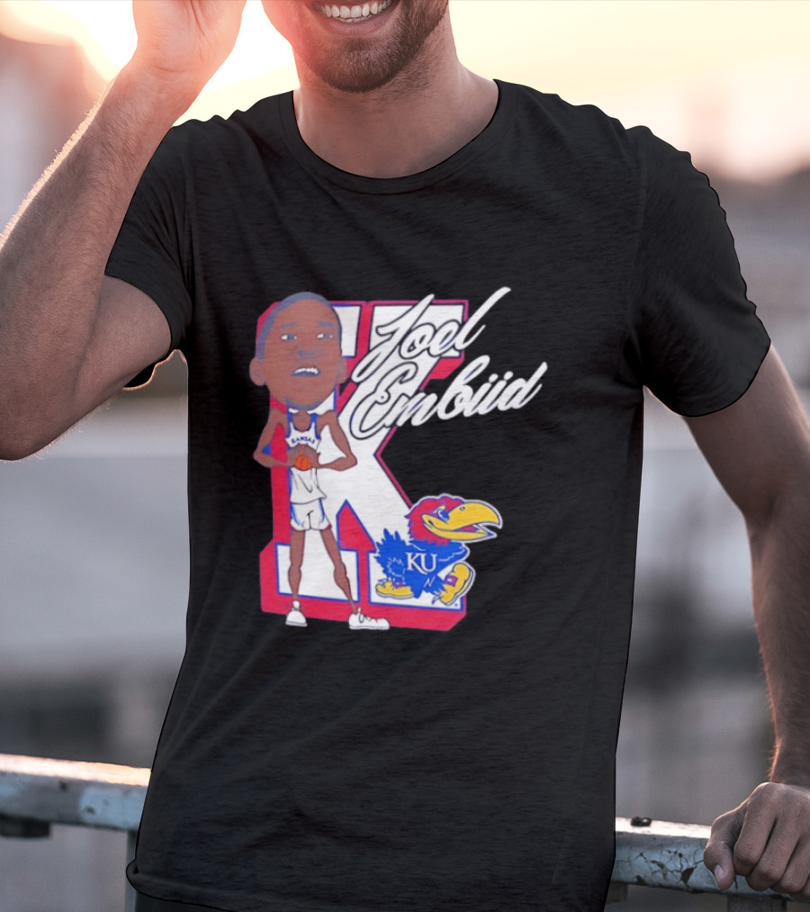 Joel Embiid Kansas Jayhawks KU Cartoon Bobblehead T-Shirt